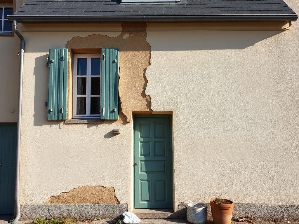 Façade de maison avec enduit décollé et taches avant intervention