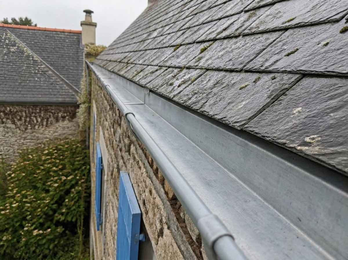 Même gouttière en zinc propre et dégagée après nettoyage